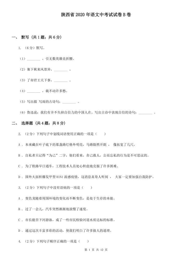 陕西省2020年语文中考试试卷B卷_第1页