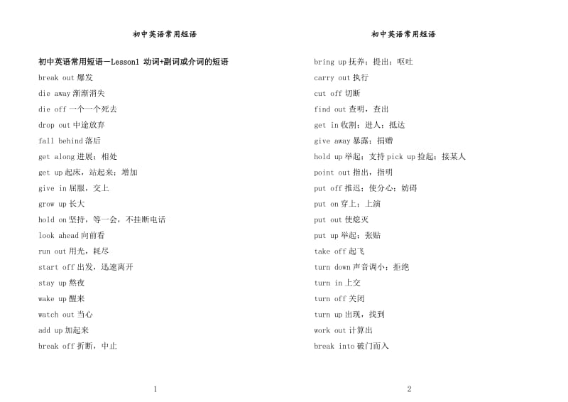 初中英语常用短语分类_第1页