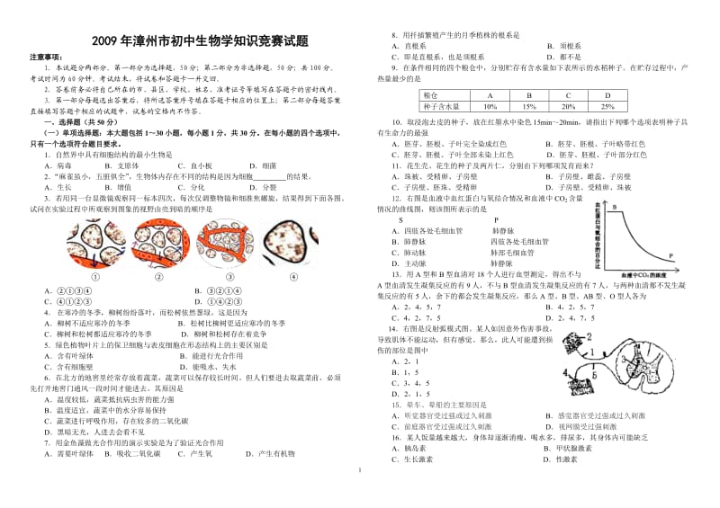 初中生物竞赛试题及答案(1)_第1页