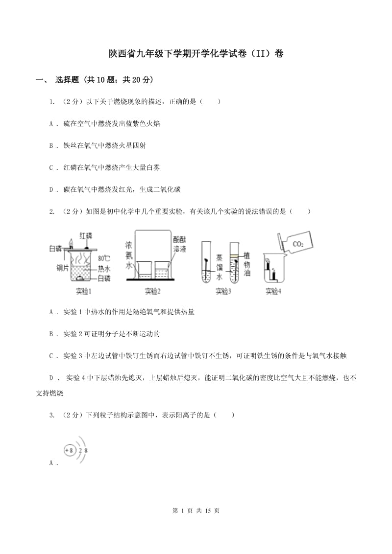 陕西省九年级下学期开学化学试卷（II）卷_第1页