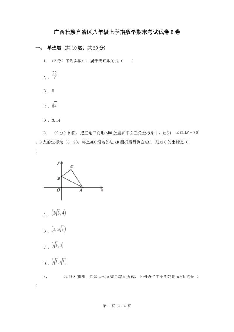 广西壮族自治区八年级上学期数学期末考试试卷B卷_第1页