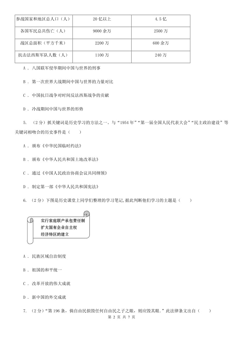 苏科版2020年初中毕业班九年级下学期历史第五次十校联考试卷A卷_第2页