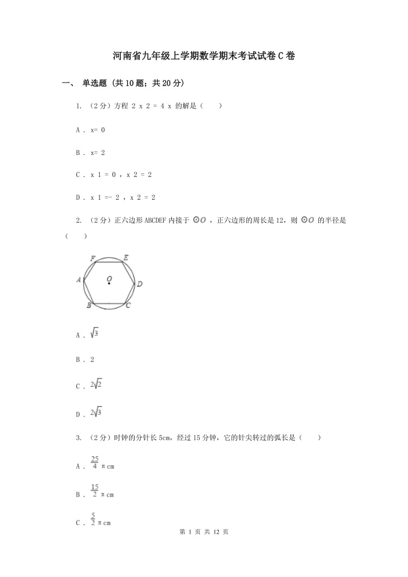 河南省九年级上学期数学期末考试试卷C卷_第1页