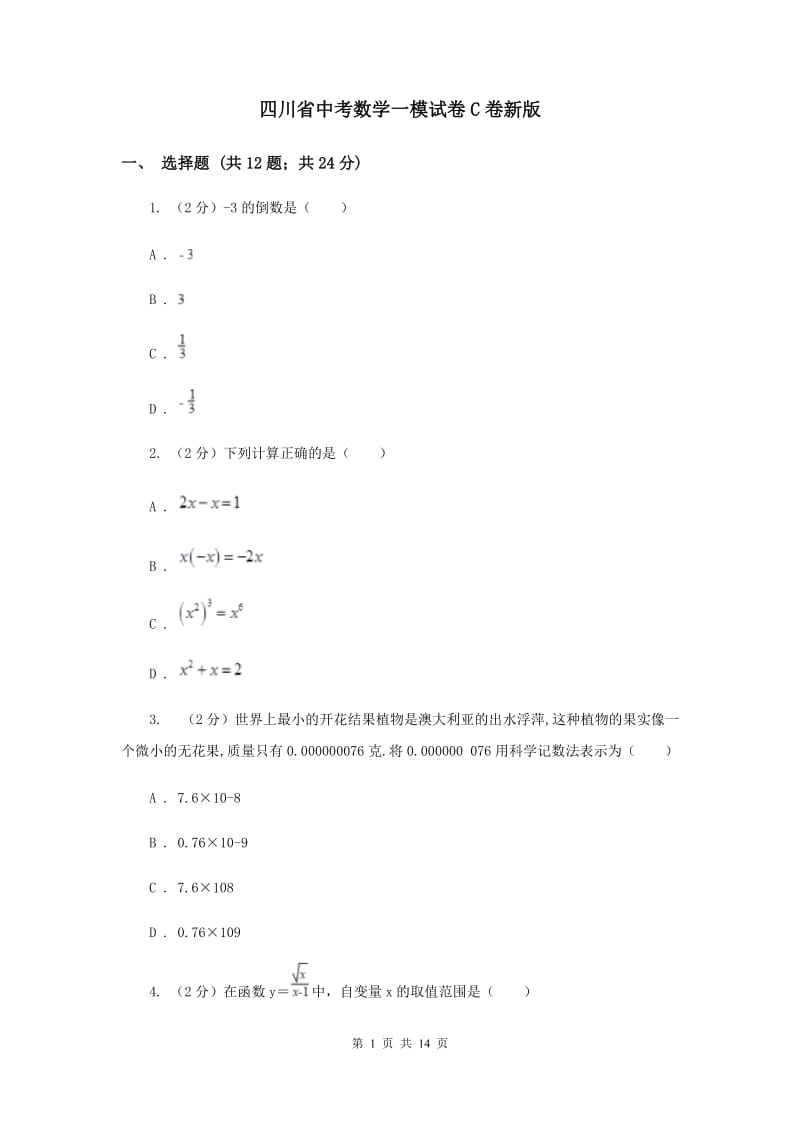 四川省中考数学一模试卷C卷新版_第1页