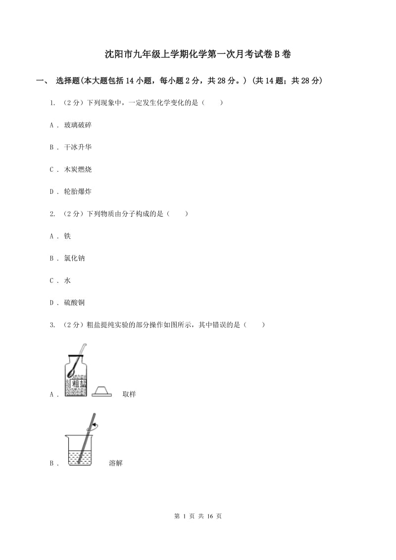 沈阳市九年级上学期化学第一次月考试卷B卷_第1页