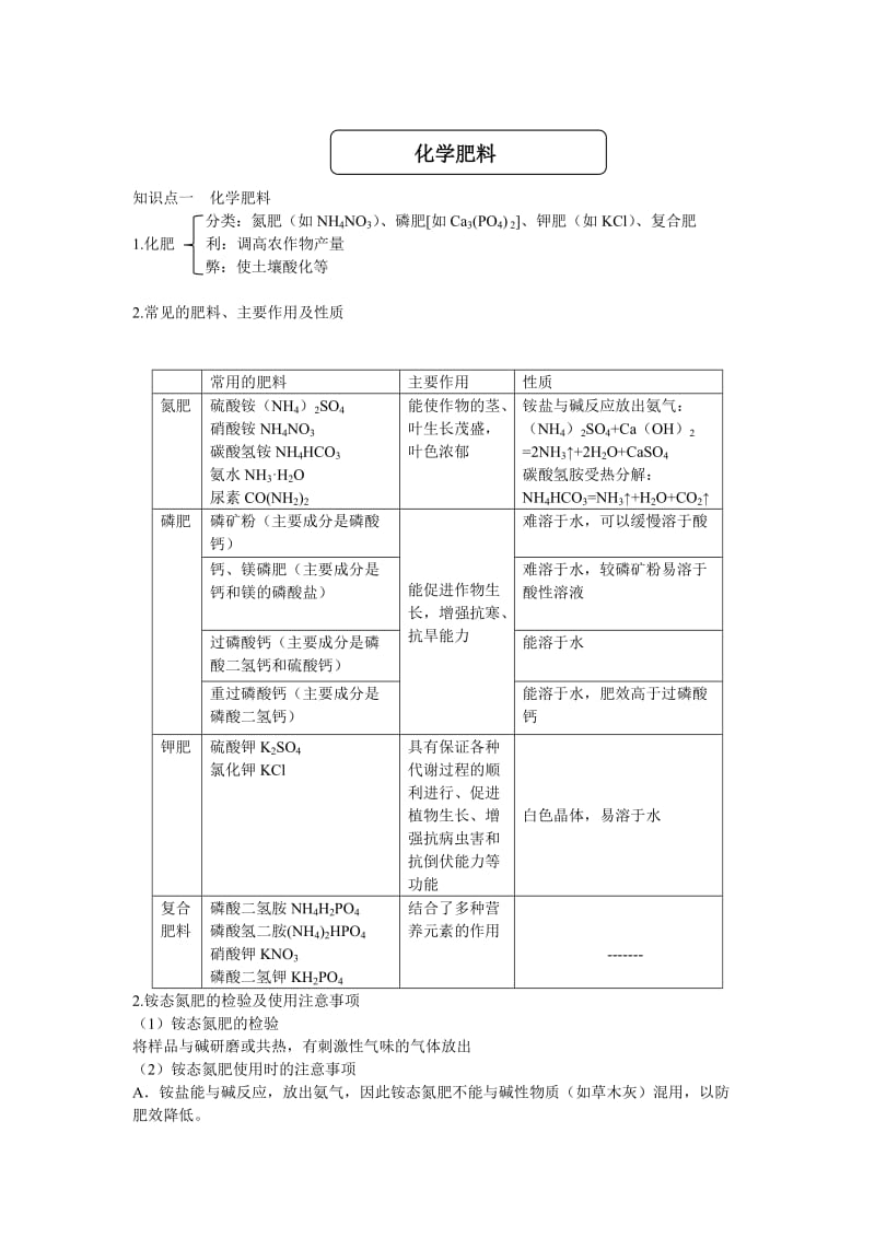 初三化学化学肥料知识点+练习题_第1页