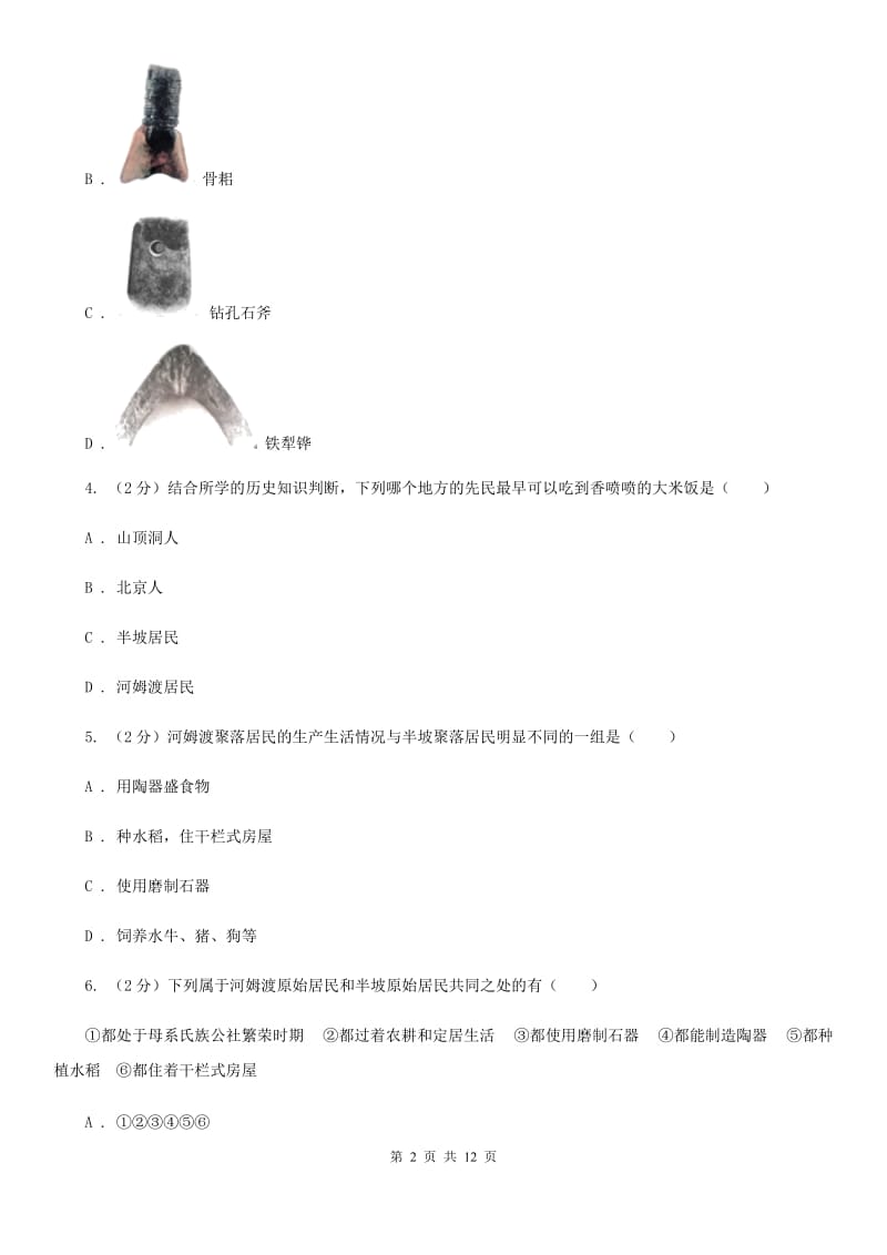 北师大版历史七年级上册第一单元第二课星罗棋布的氏族聚落同步练习题（II ）卷_第2页