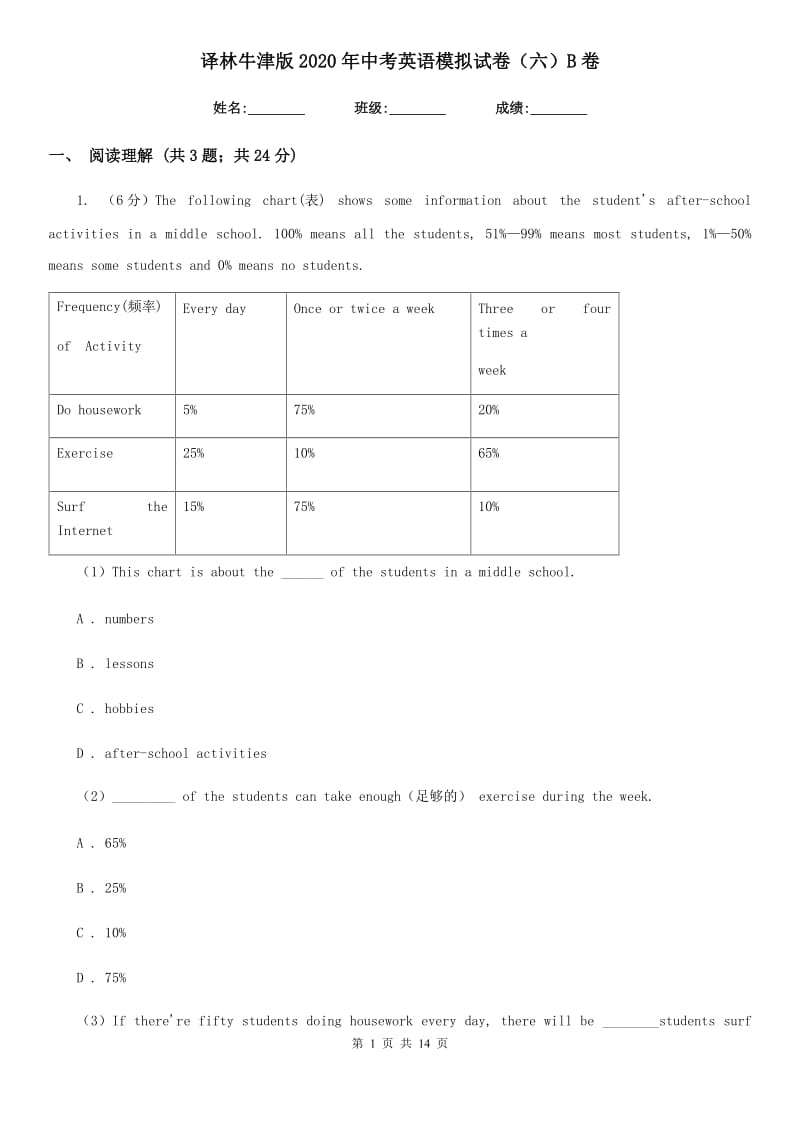 译林牛津版2020年中考英语模拟试卷（六）B卷_第1页