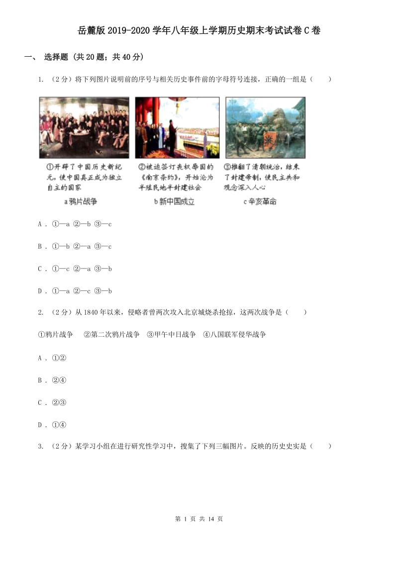 岳麓版2019-2020学年八年级上学期历史期末考试试卷C卷精编_第1页