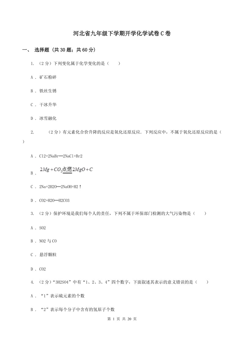 河北省九年级下学期开学化学试卷C卷_第1页