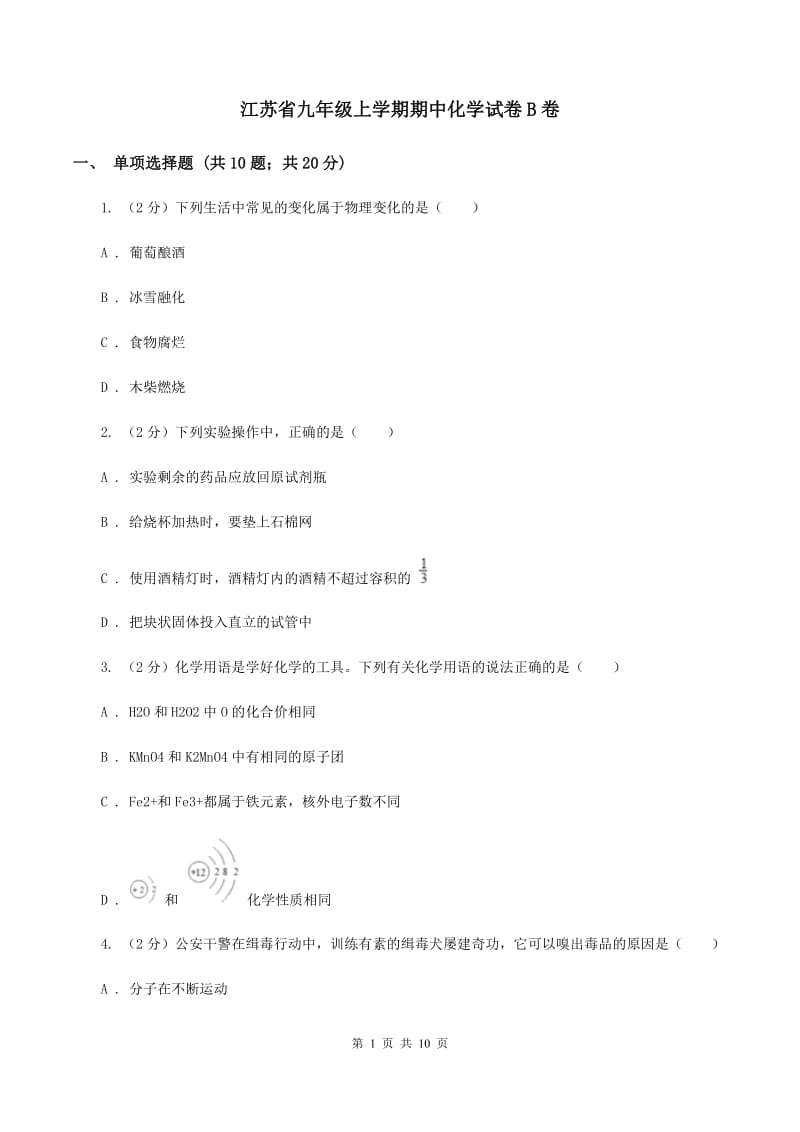 江苏省九年级上学期期中化学试卷B卷_第1页