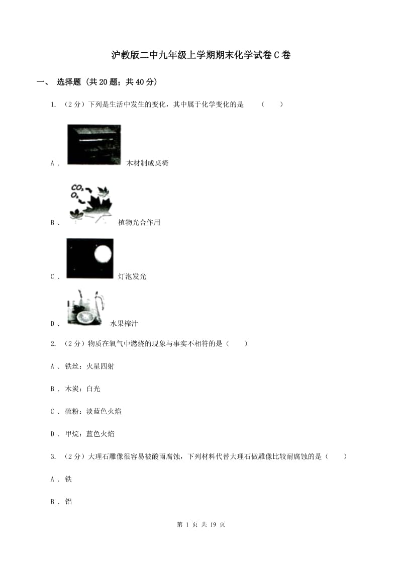 沪教版二中九年级上学期期末化学试卷C卷_第1页