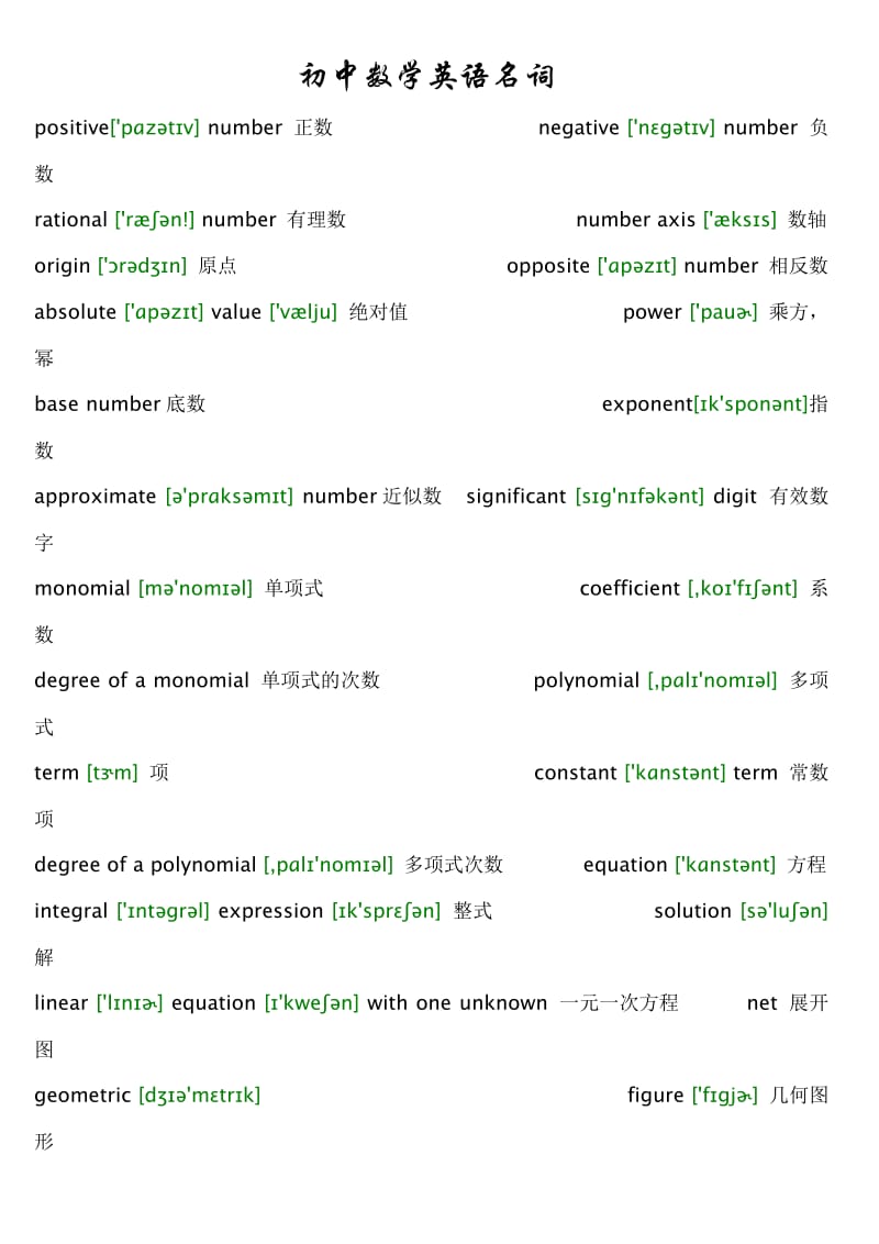 初中数学名词中英文对照_第1页