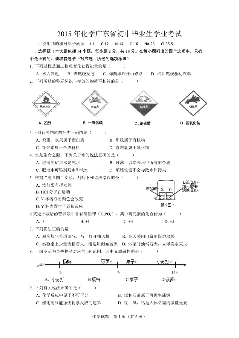 广东省2015年中考化学试题及答案(Word--清晰版--适合打印)_第1页