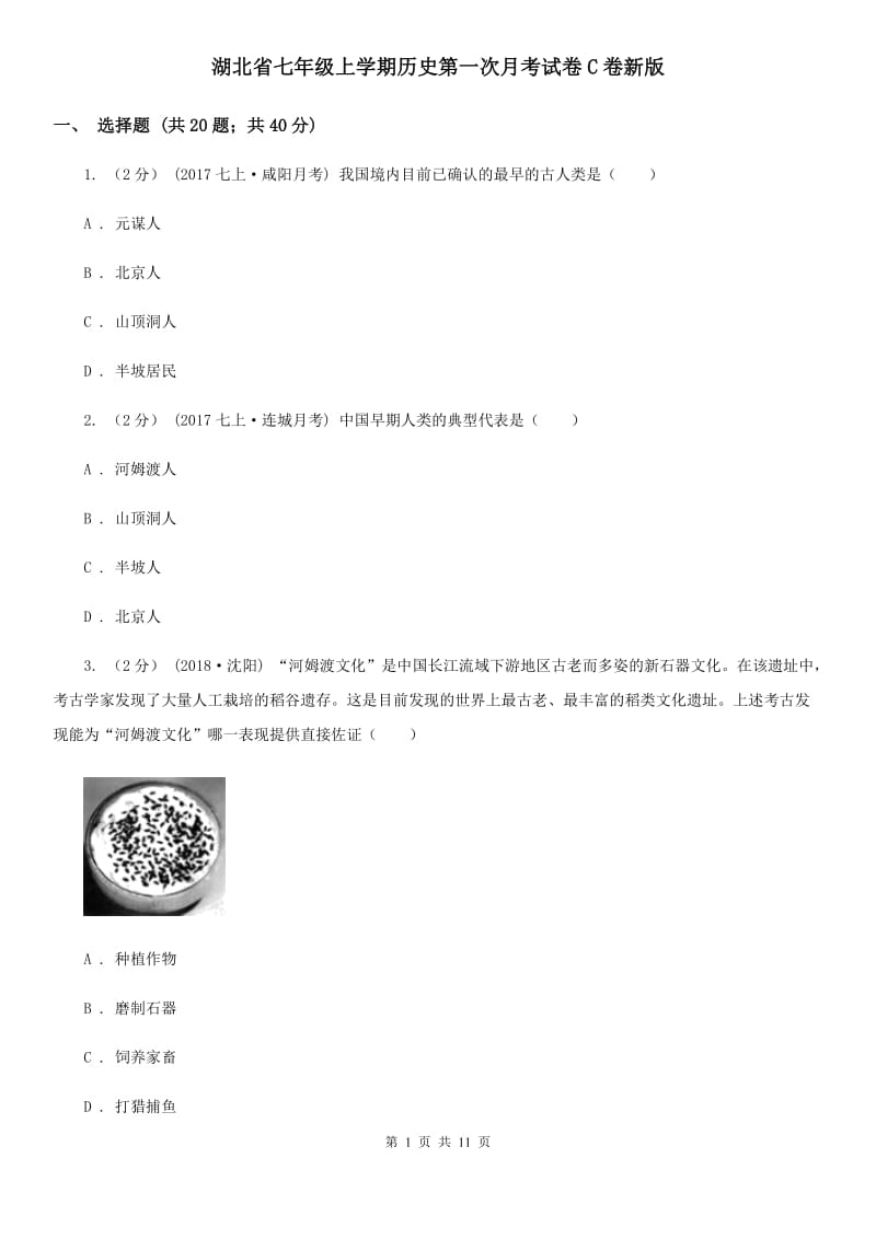 湖北省七年级上学期历史第一次月考试卷C卷新版_第1页