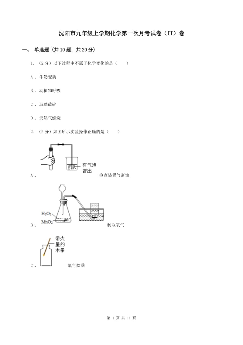 沈阳市九年级上学期化学第一次月考试卷（II）卷_第1页