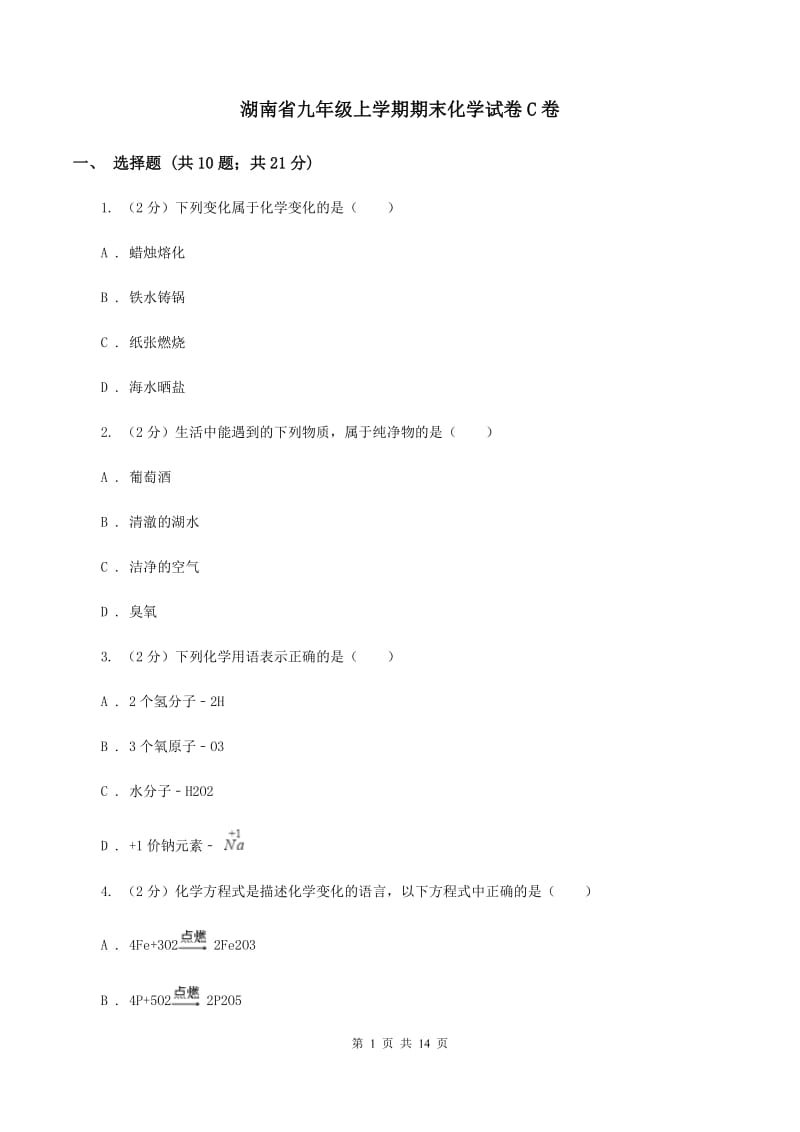 湖南省九年级上学期期末化学试卷C卷_第1页