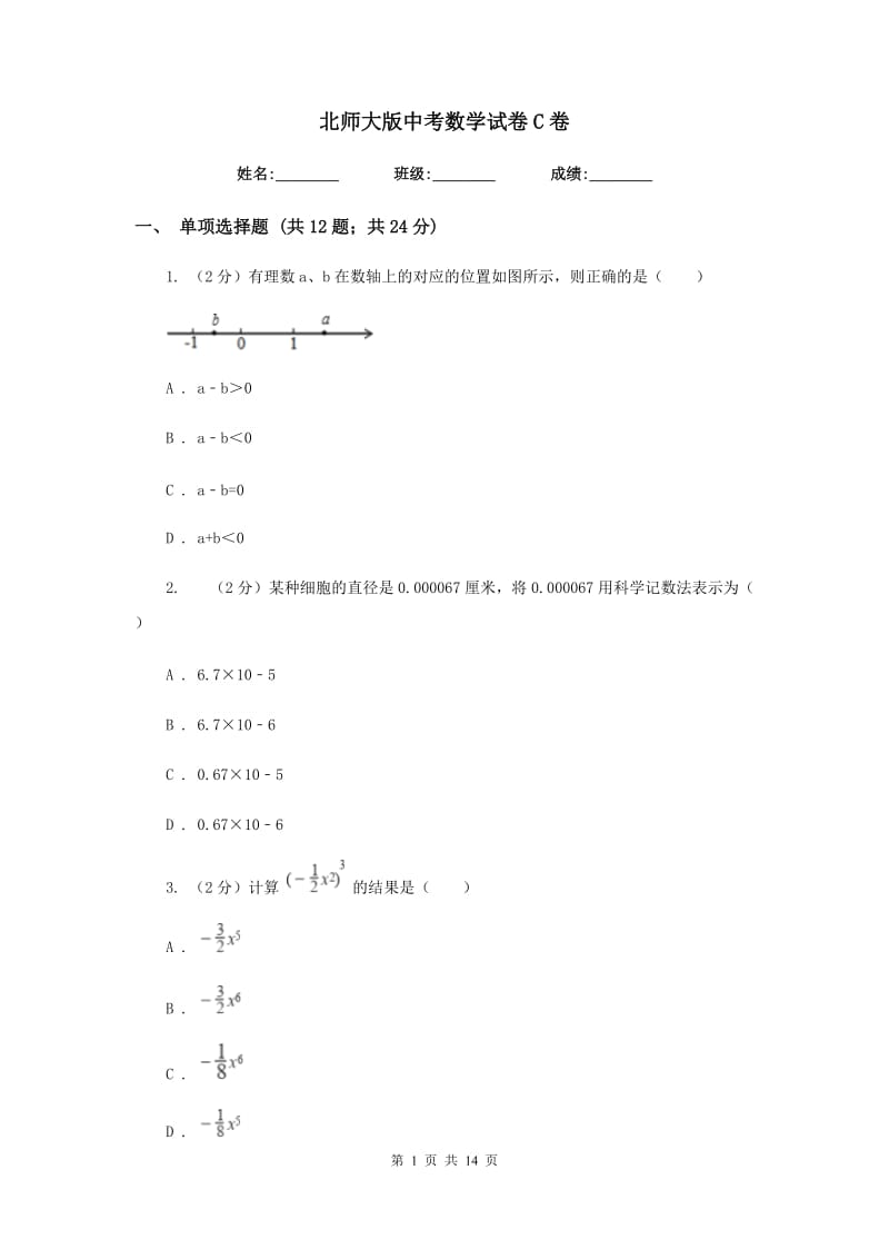 北师大版中考数学试卷C卷_第1页