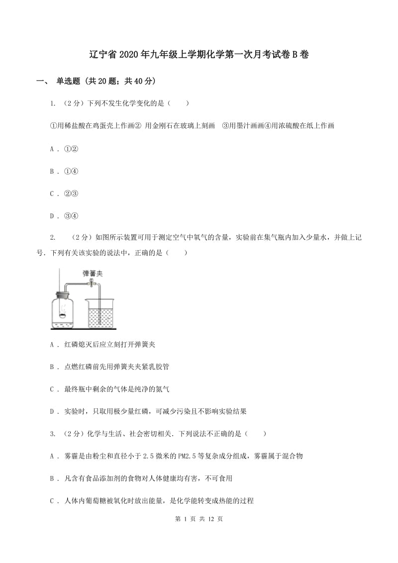 辽宁省2020年九年级上学期化学第一次月考试卷B卷_第1页