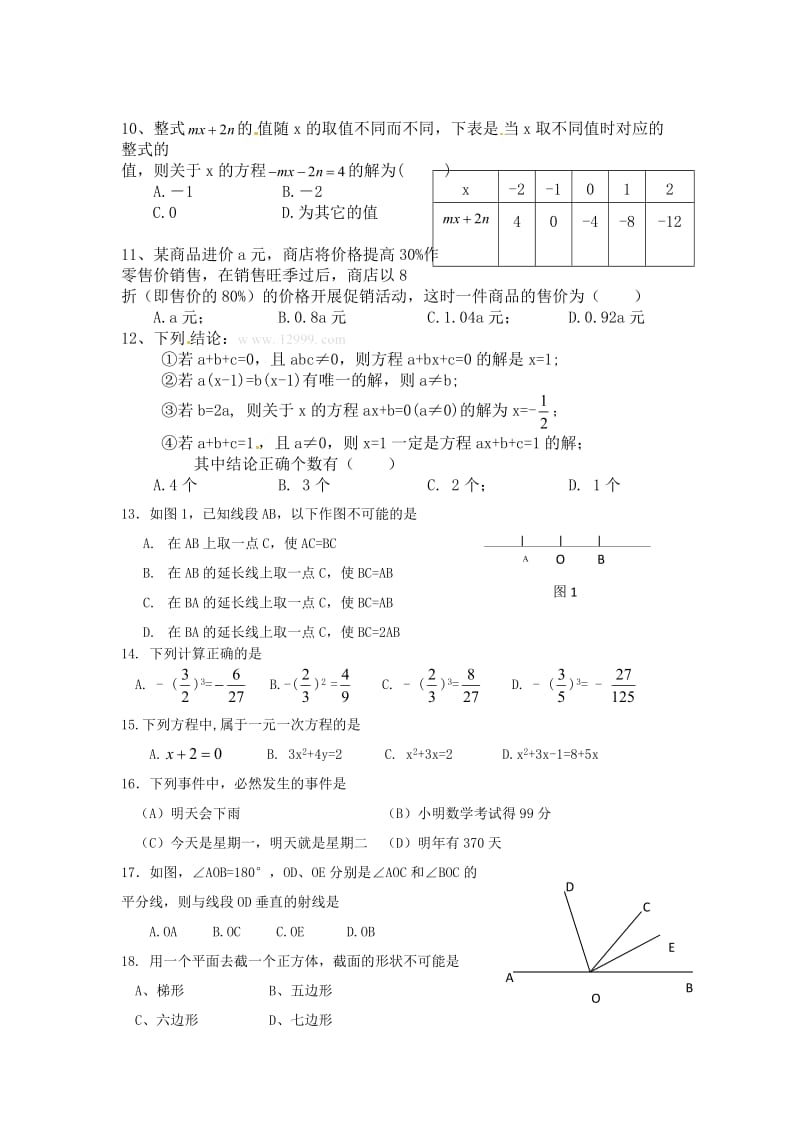 初一数学选择题(50题含答案)_第2页