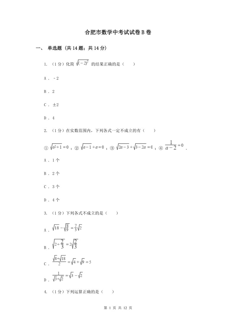 合肥市数学中考试试卷B卷_第1页