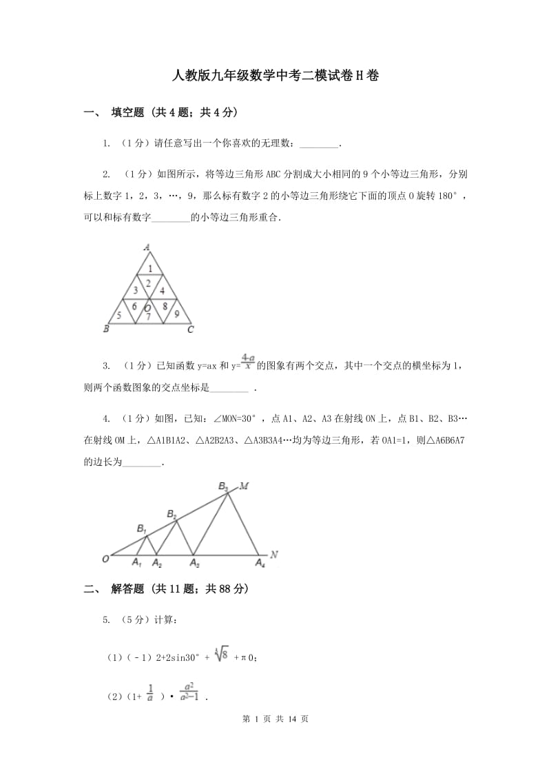 人教版九年级数学中考二模试卷H卷_第1页