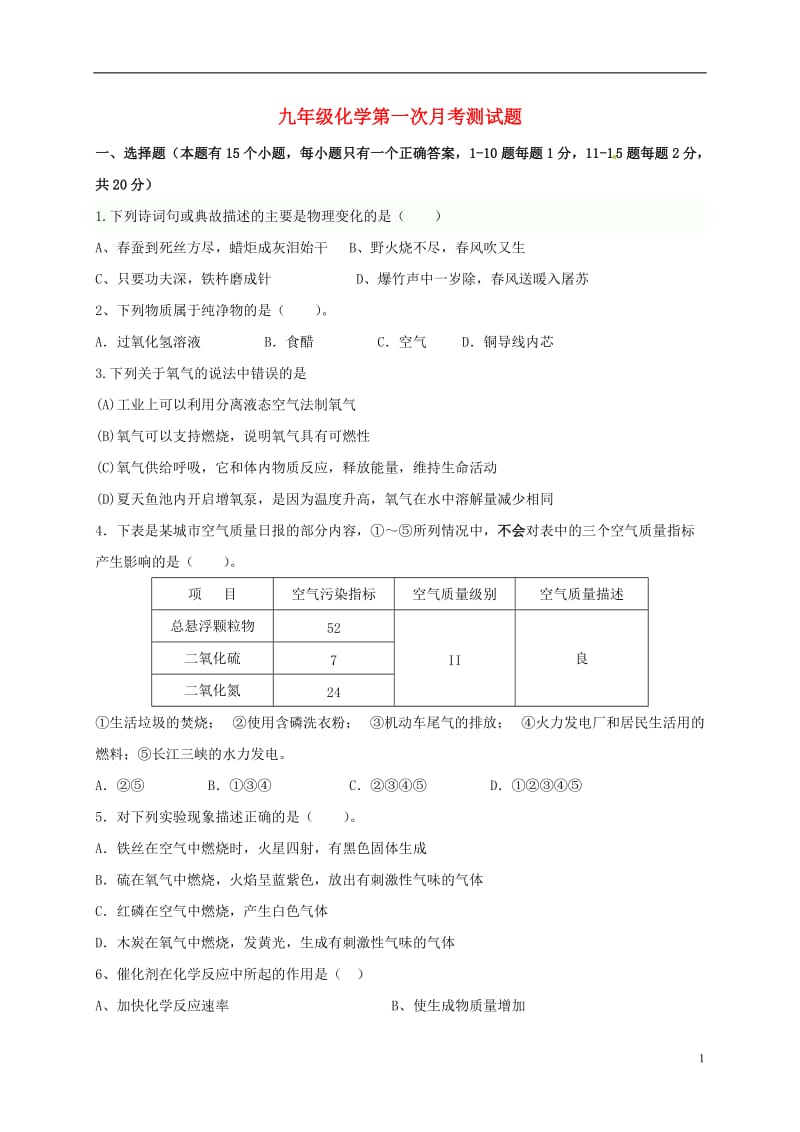 九年级化学10月月考试题-新人教版3_第1页