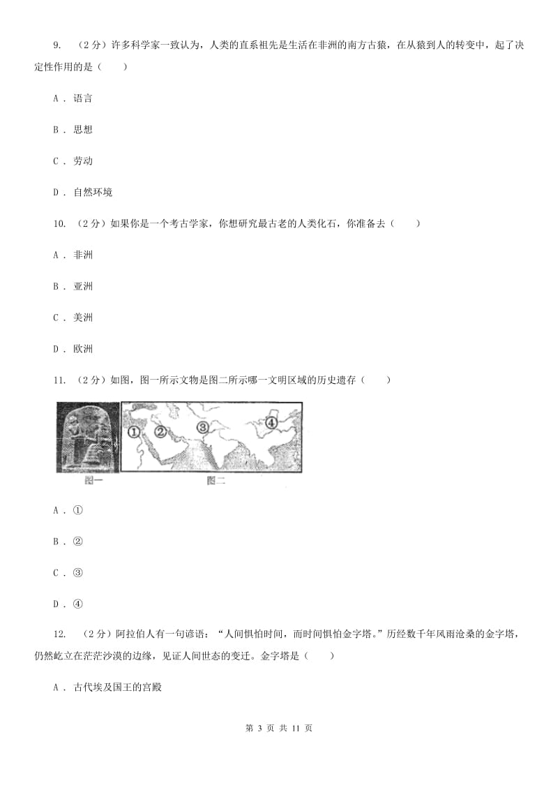 2020年人教版历史九年级上册第一单元人类文明的开端同步练习（I）卷_第3页