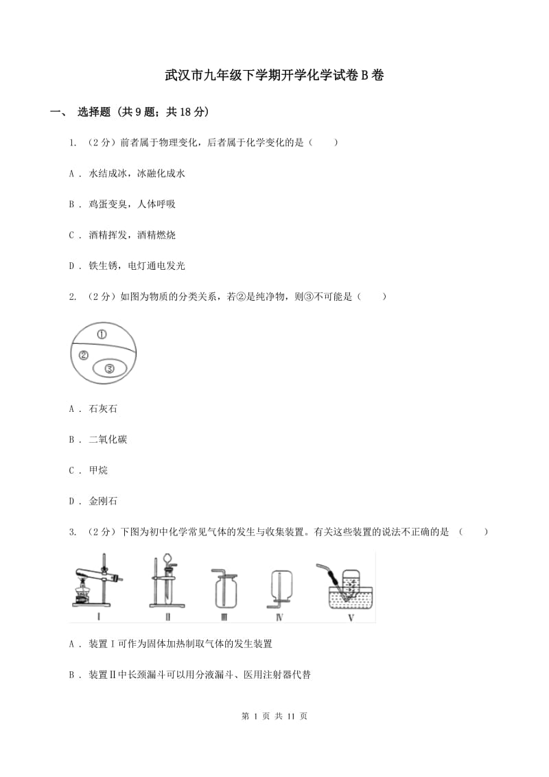 武汉市九年级下学期开学化学试卷B卷_第1页