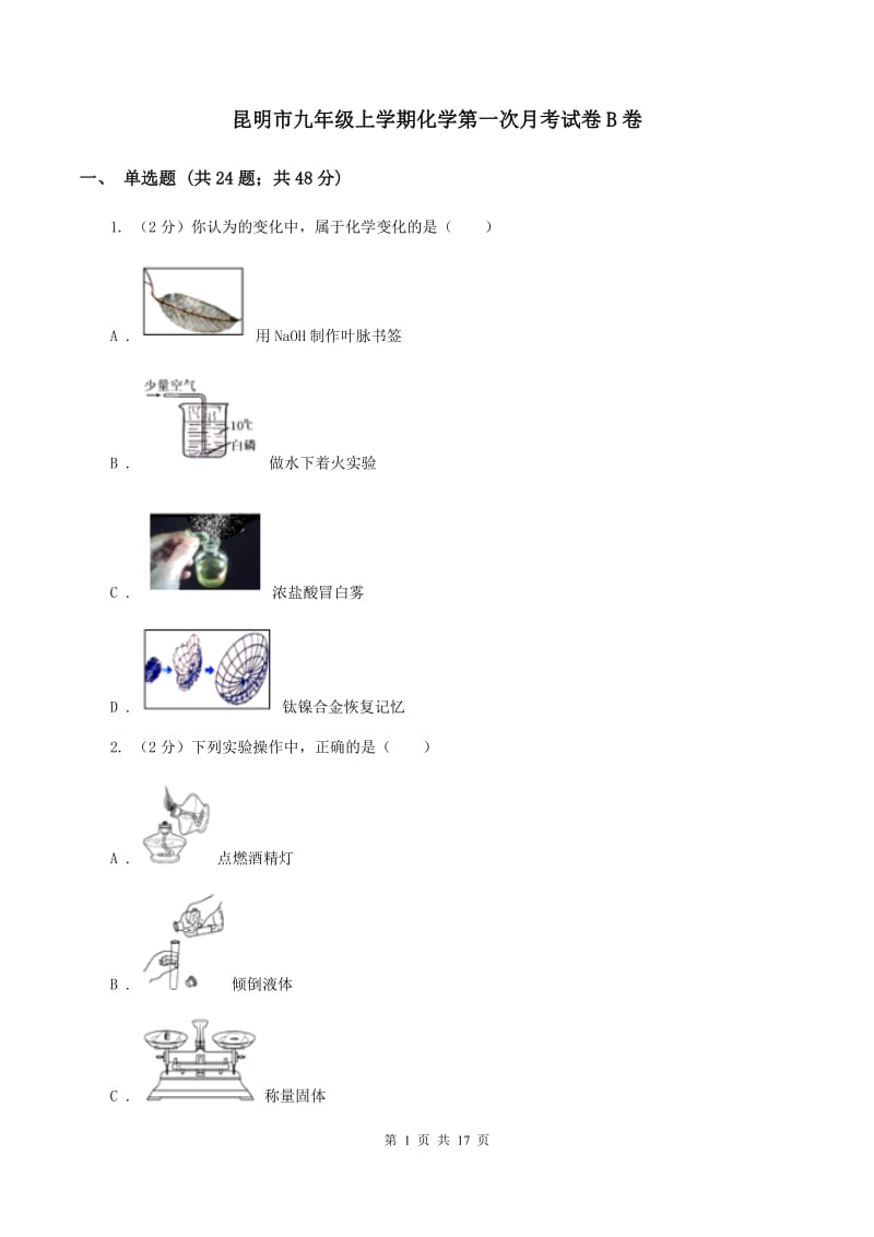 昆明市九年级上学期化学第一次月考试卷B卷_第1页