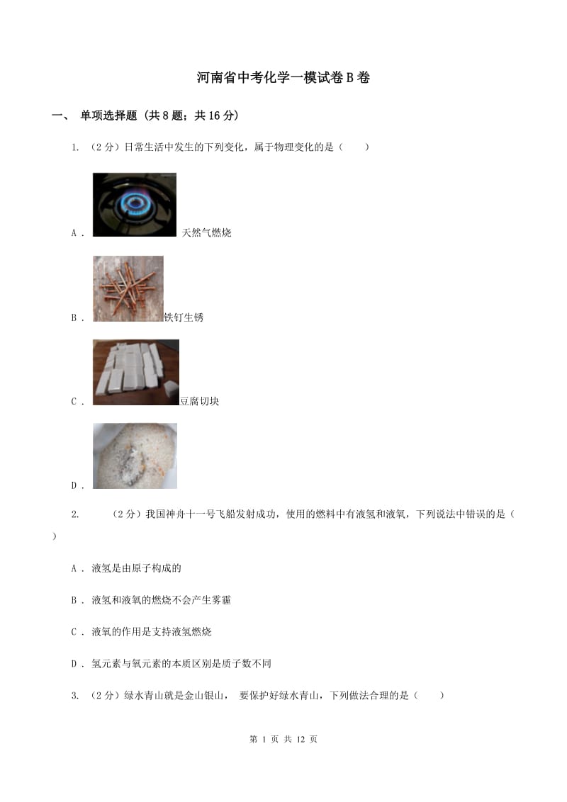 河南省中考化学一模试卷B卷_第1页