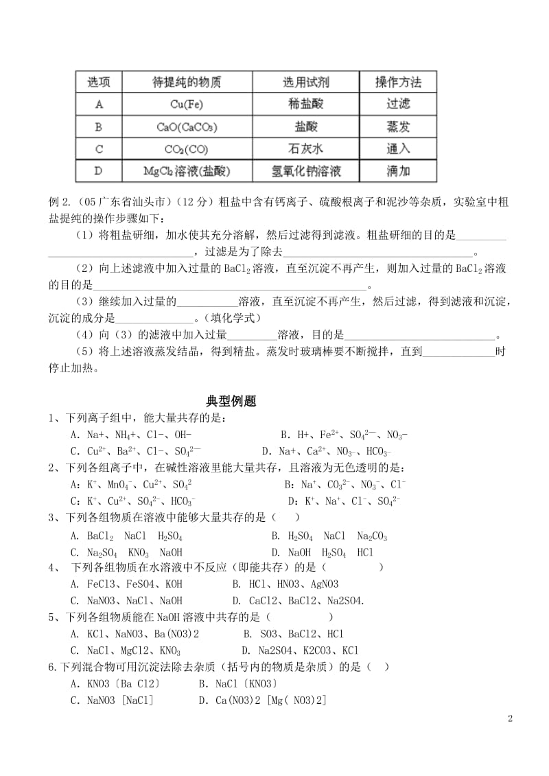 初中化学离子共存及除杂_第2页