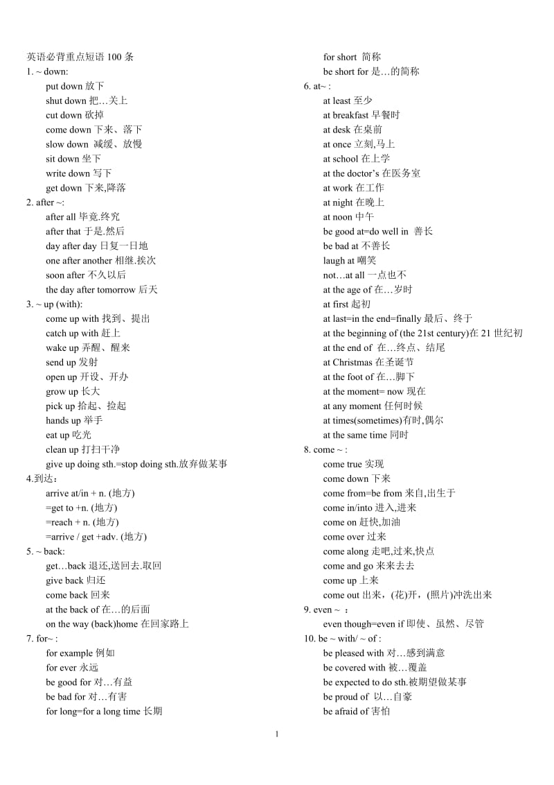 初二英语必背100条重点短语_第1页