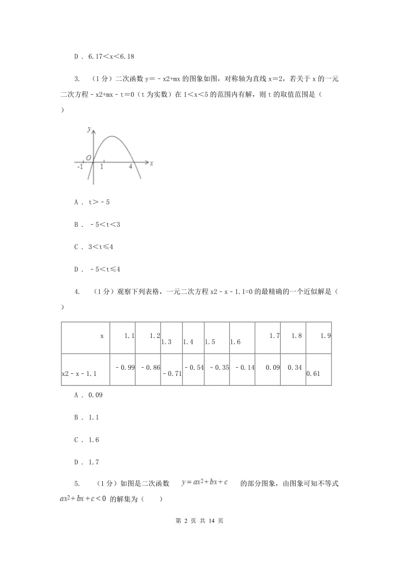 2019-2020学年初中数学华师大版九年级下册26.3.2二次函数与不等式（组）同步练习（II）卷_第2页