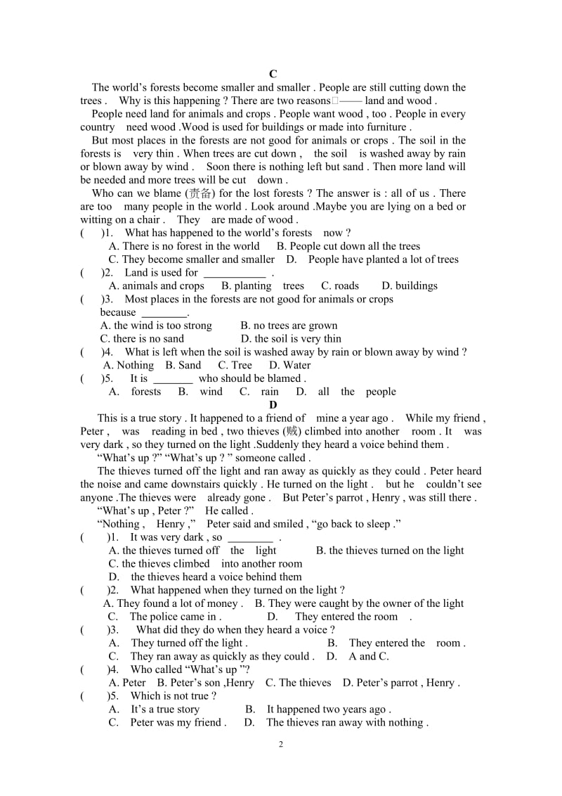 初中英语阅读理解专项练习_第2页
