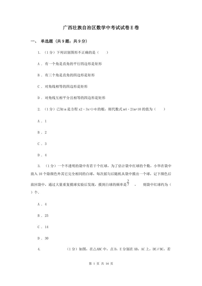 广西壮族自治区数学中考试试卷E卷_第1页