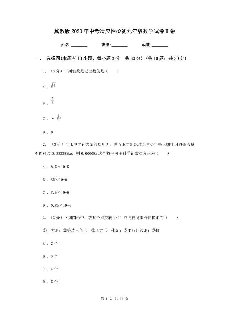 冀教版2020年中考适应性检测九年级数学试卷H卷_第1页