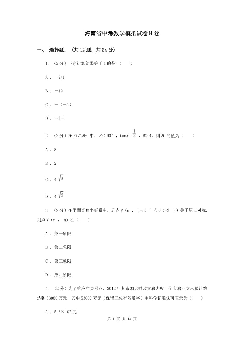 海南省中考数学模拟试卷H卷_第1页