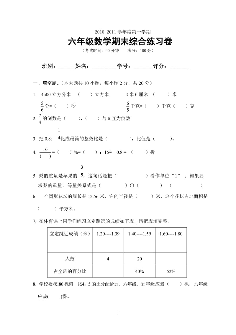 六年级上册数学试卷_第1页