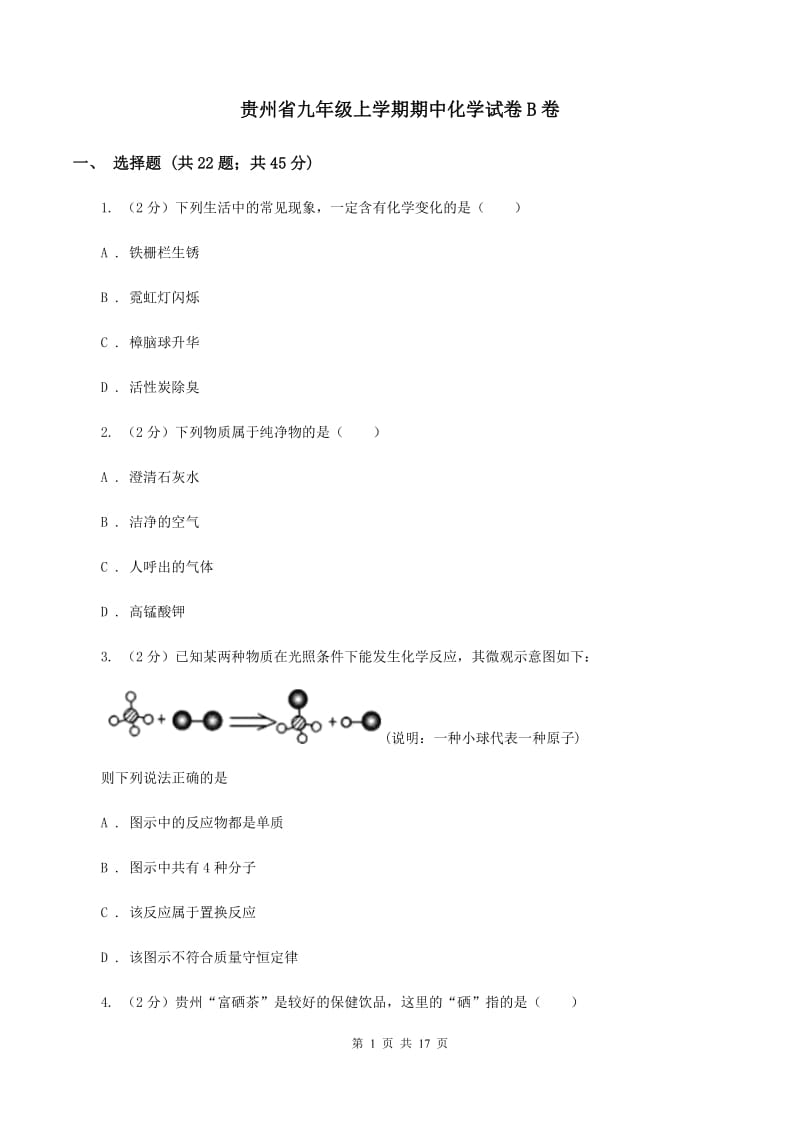 贵州省九年级上学期期中化学试卷B卷_第1页