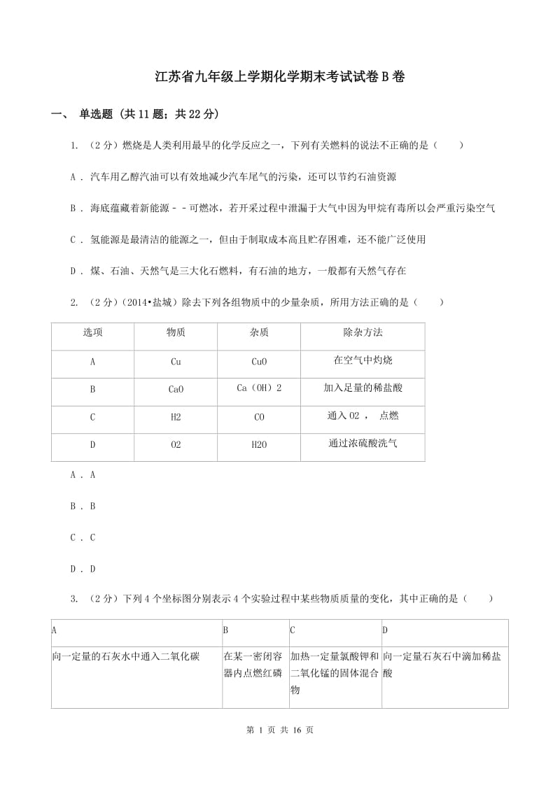 江苏省九年级上学期化学期末考试试卷B卷_第1页