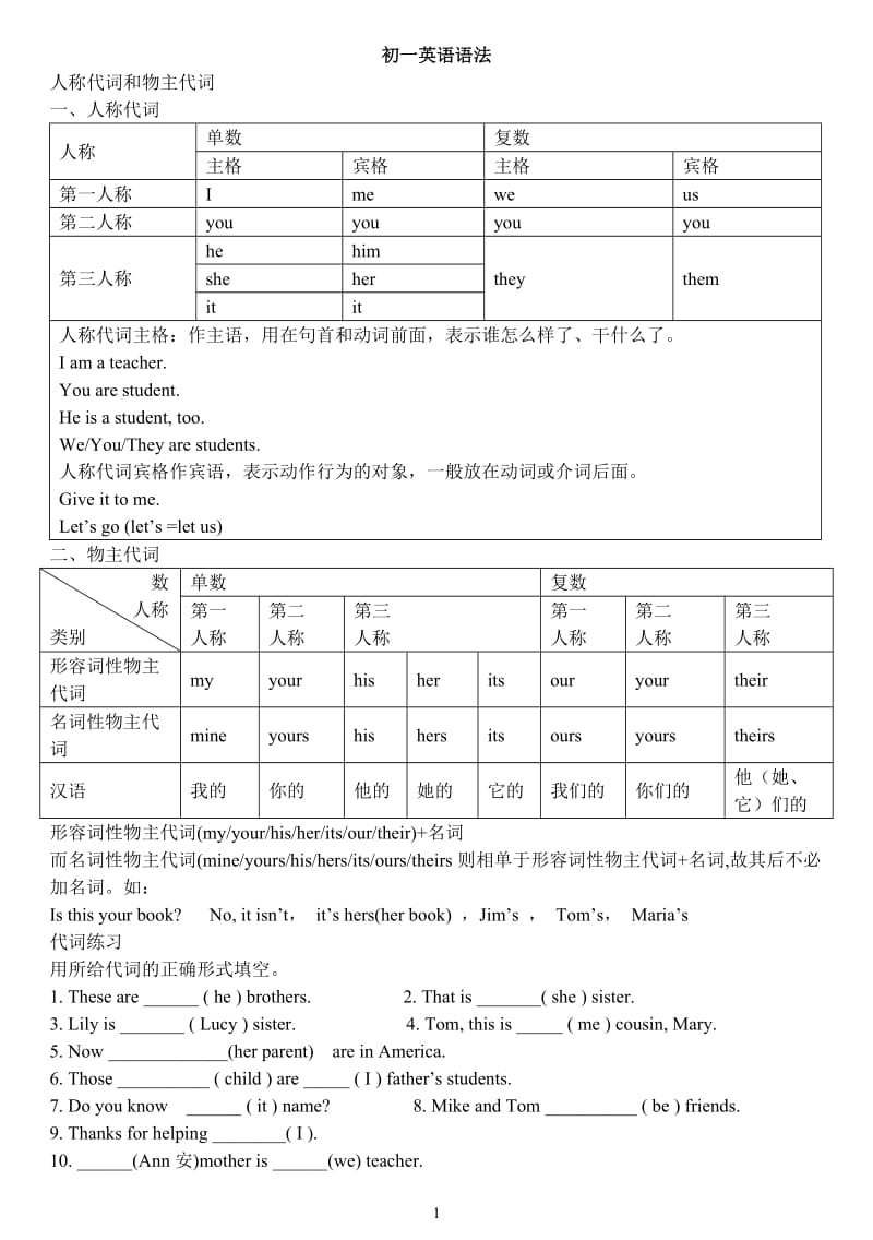 初一英语语法--人称代词和物主代词讲解练习_第1页