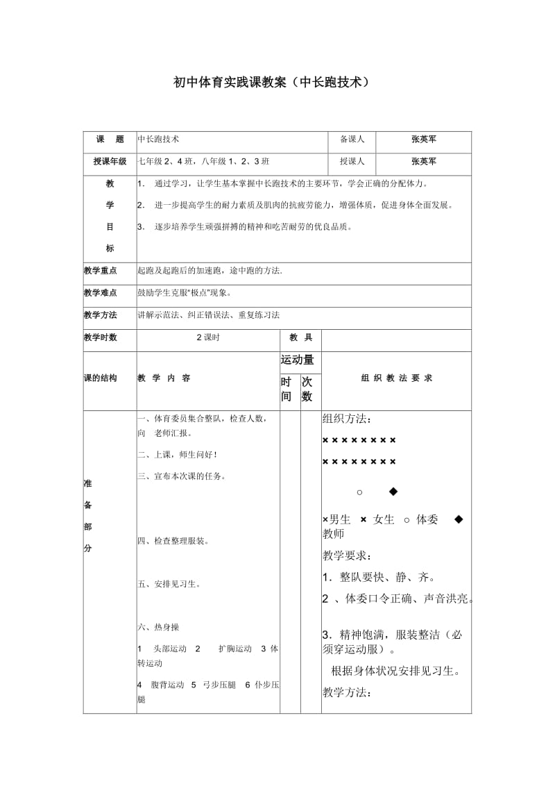 初中体育实践课教案(中长跑技术)_第1页