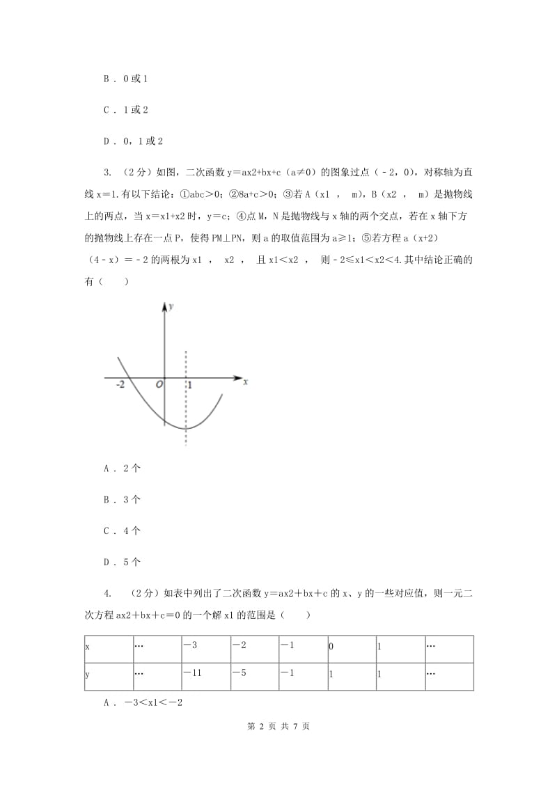 初中数学人教版九年级上学期第二十二章22.2二次函数与一元二次方程A卷_第2页