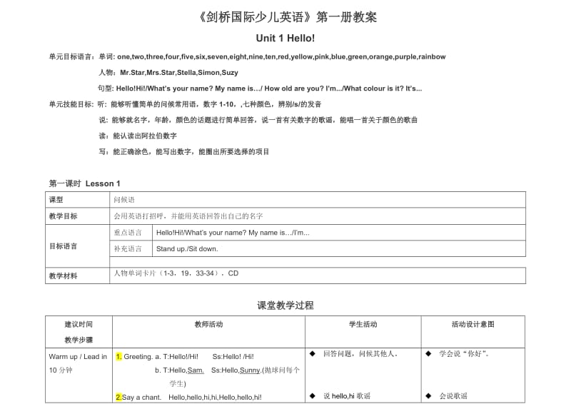 剑桥国际少儿英语教案unit1_第1页