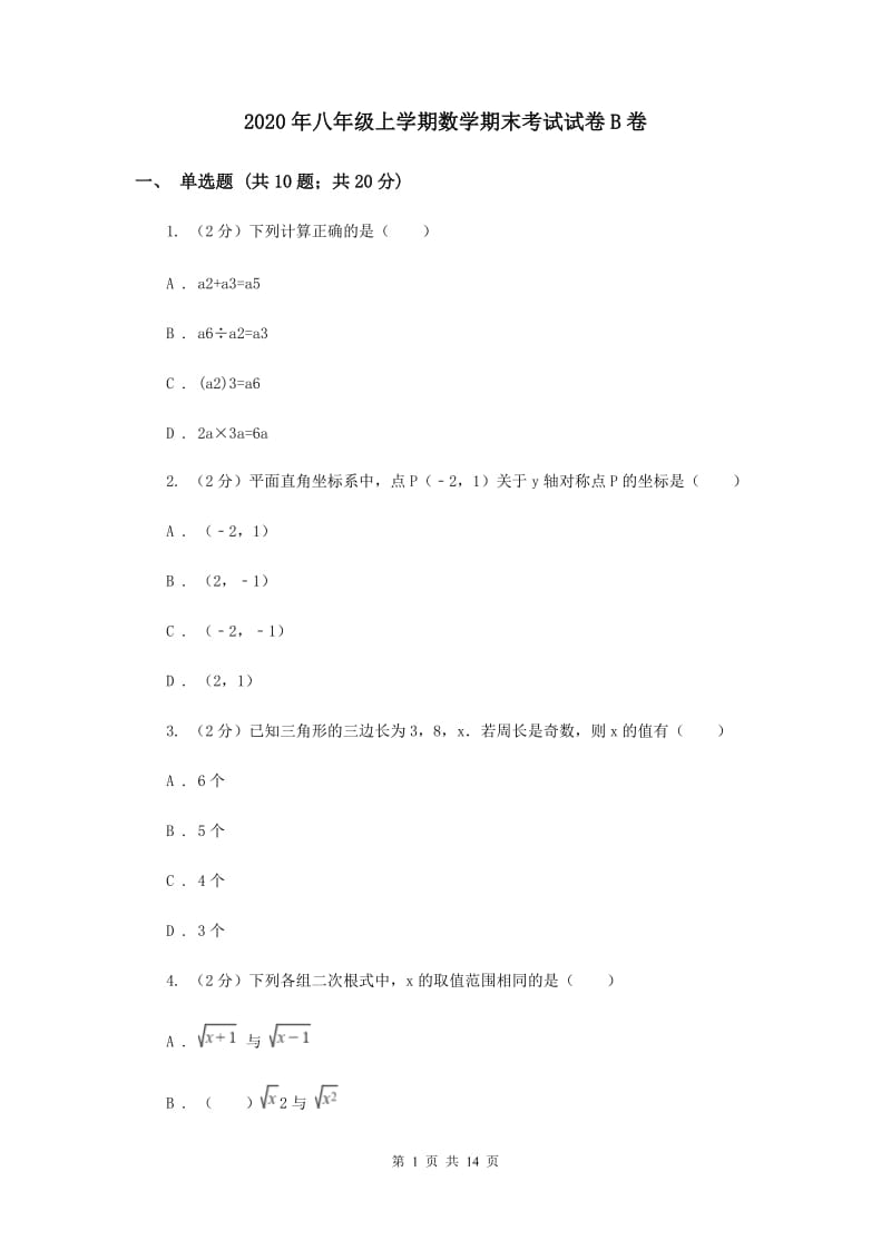 2020年八年级上学期数学期末考试试卷B卷_第1页