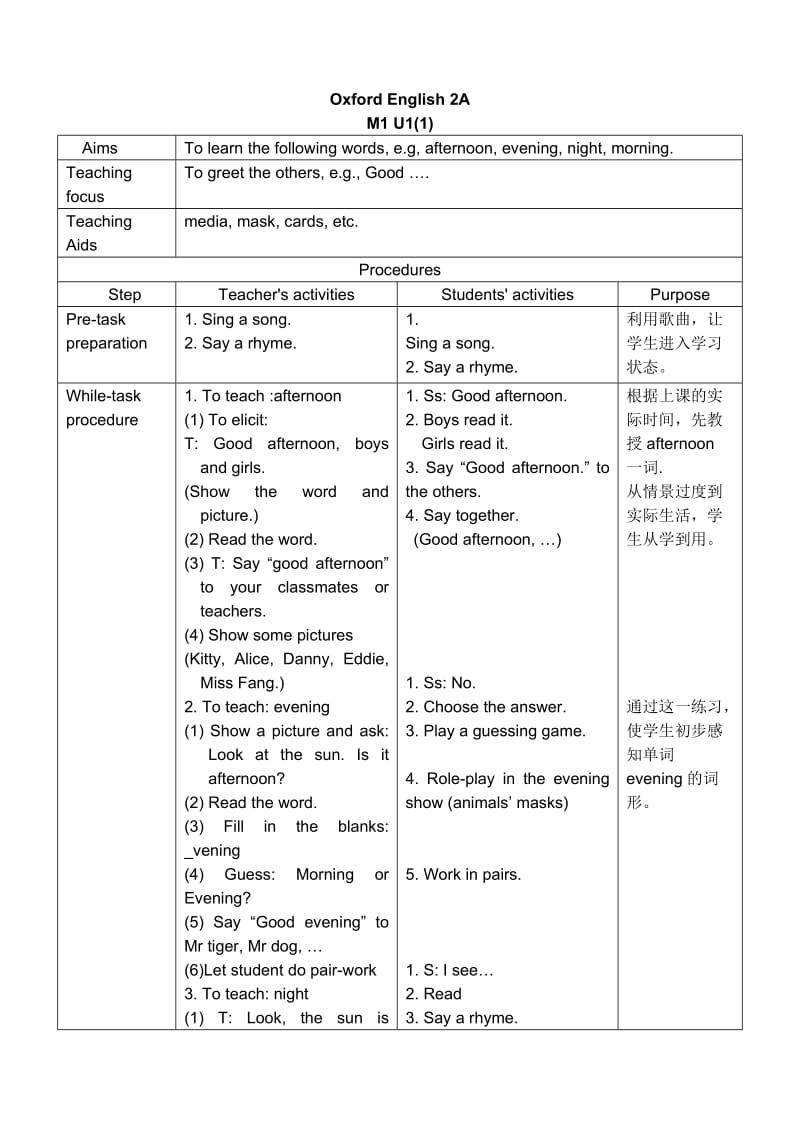 二年级英语教案-上海版牛津英语2A教案_第1页