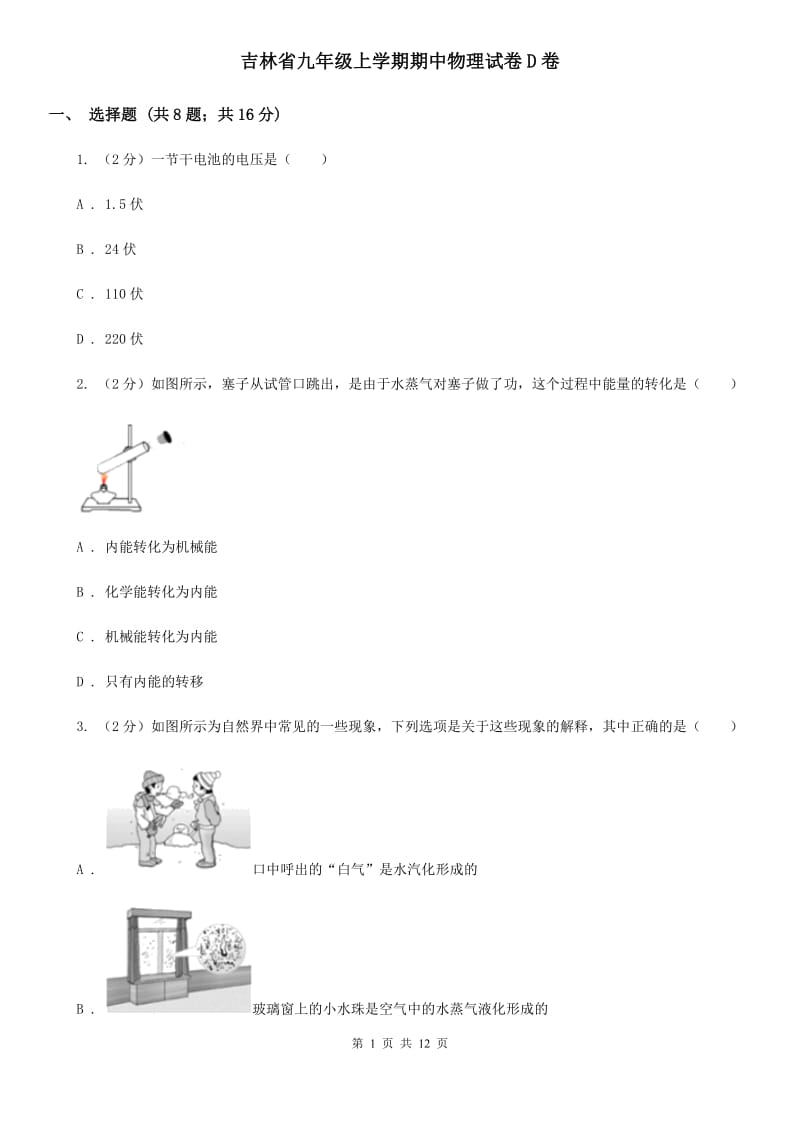 吉林省九年级上学期期中物理试卷D卷_第1页
