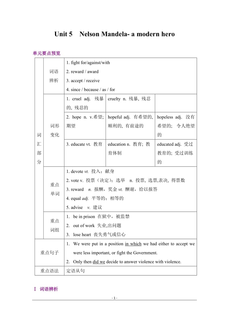 高中英语人教版必修一Unit-5知识点汇总及强化练习_第1页