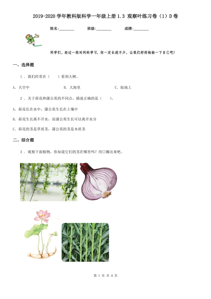 2019-2020学年教科版科学一年级上册1.3 观察叶练习卷(1)D卷_第1页